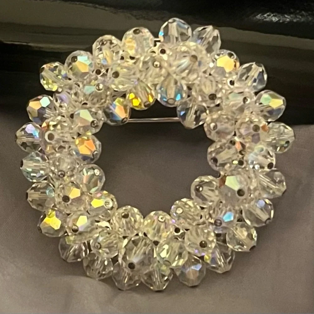 Vintage Clear Round Aura Borealis Crystal Silver Brooch